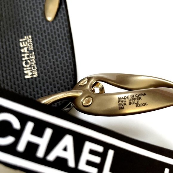 NWOB MICHAEL KORS Graphic Flip-Flop Sandals Slide On Thong Brown Gold - Picture 8 of 11